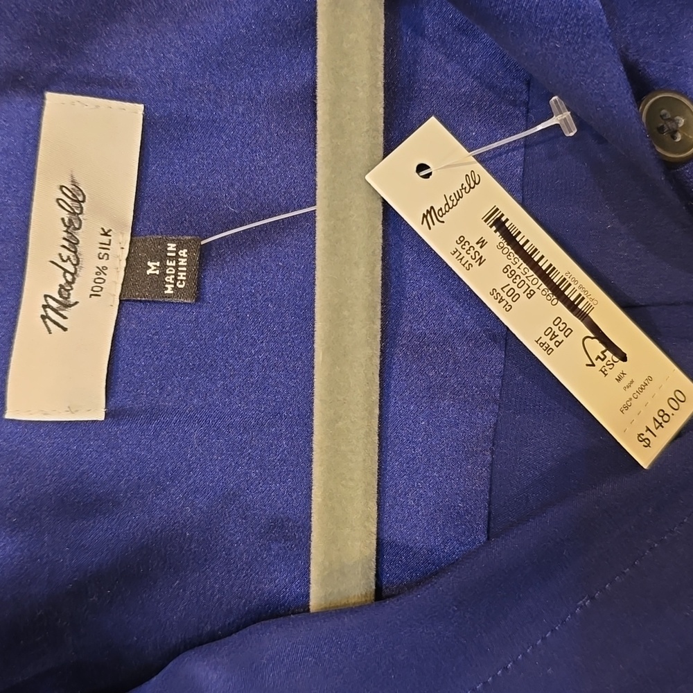 NWT Madewell Silk Flap-Pocket Button-Up Shirt $148 deep cobalt Blue medium - Picture 7 of 11